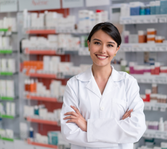 Farmacéutica sonriendo en una farmacia